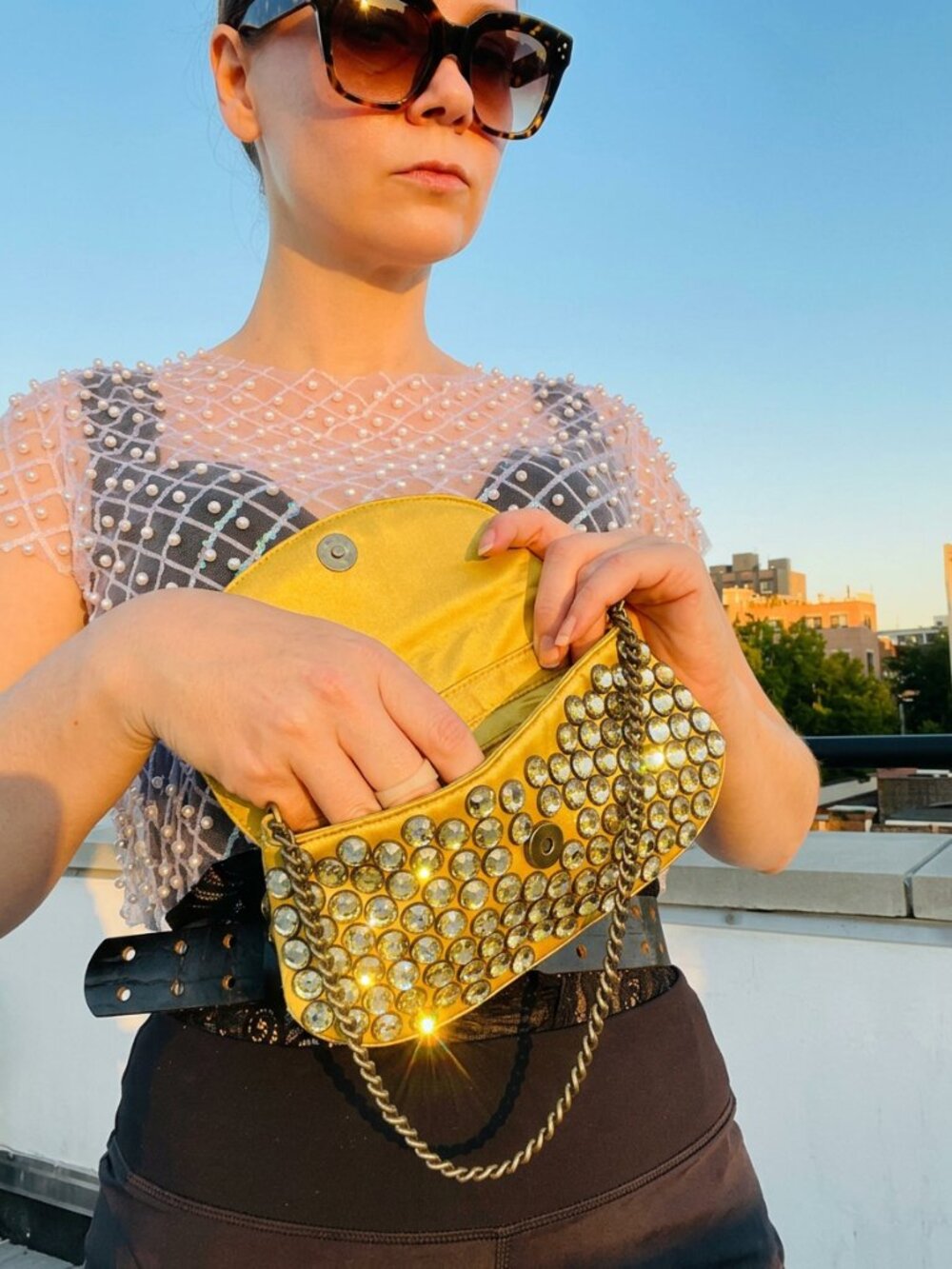 Betsey Johnson Big Crystals Gold Clutch Flap-on Statement Night Out Mini Purse